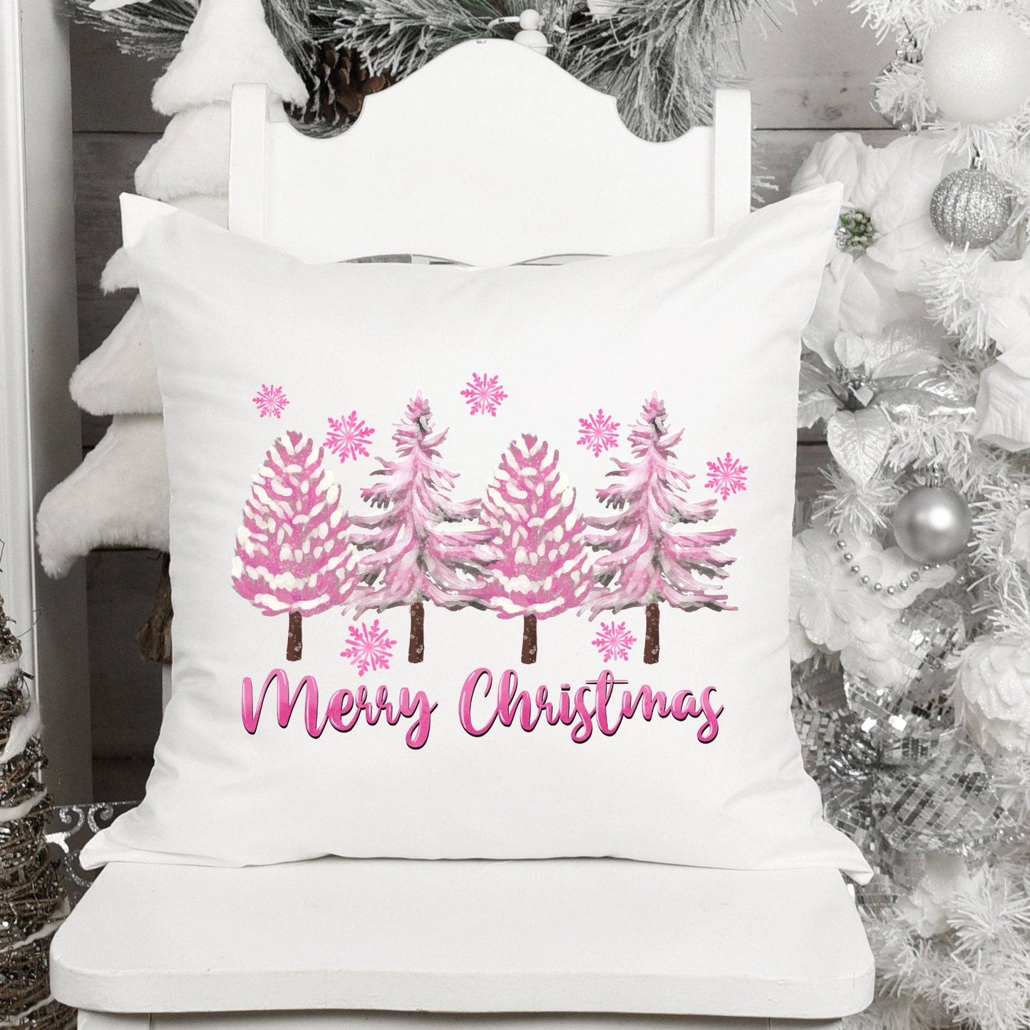 Pink Merry Christmas Pillow Cover: White