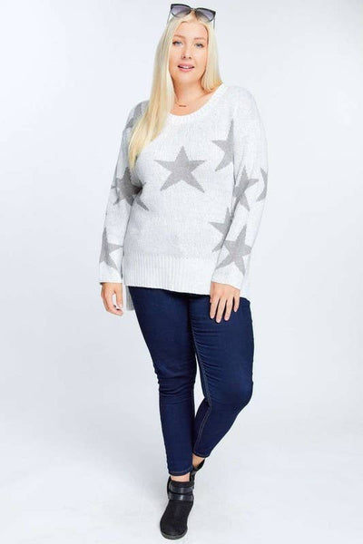 PLUS STAR PRINT LONG SLEEVE ROUND NECK SWEATER: Grey