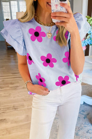 Pinstripe Floral Flutter Sleeve Blouse: Sky Blue