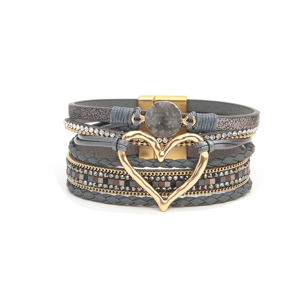 Bohemian Heart Rhinestone Magnetic Buckle Bracelet: White / Alloy / ONE SIZE
