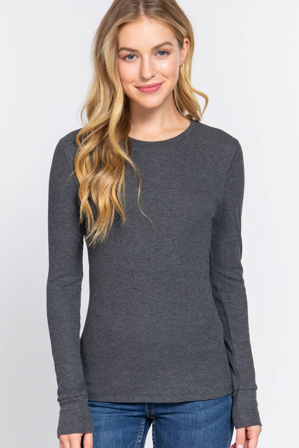 Long Sleeve Crew Neck Thermal Knit Top: CHARCOAL GREY