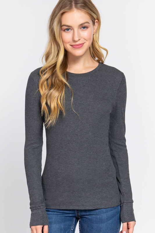 Long Sleeve Crew Neck Thermal Knit Top: CHARCOAL GREY