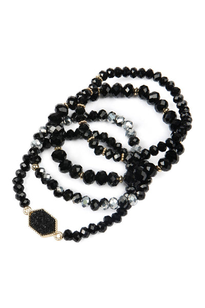 DRUZY STONE HEXAGON GLASS BEADS BRACELET: BLACK