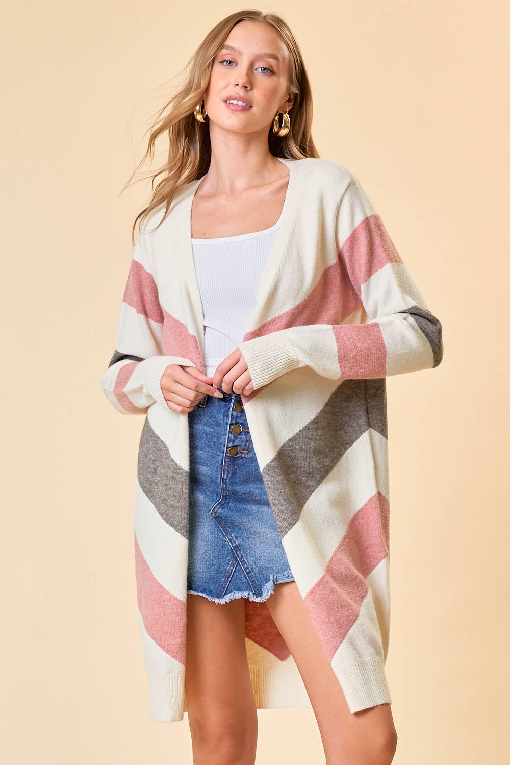 CHEVRON SWEATER CARDIGAN - 10492J: BLUSH/CREAM