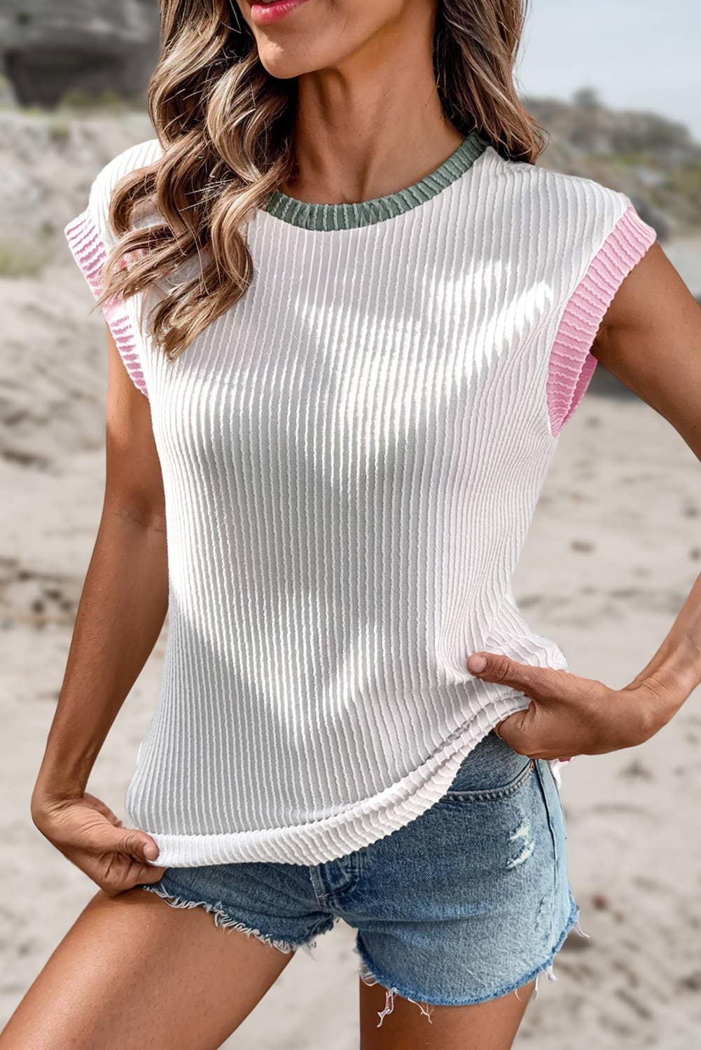 Color Block Corded Knit Crew Neck Tee | S-XL: White