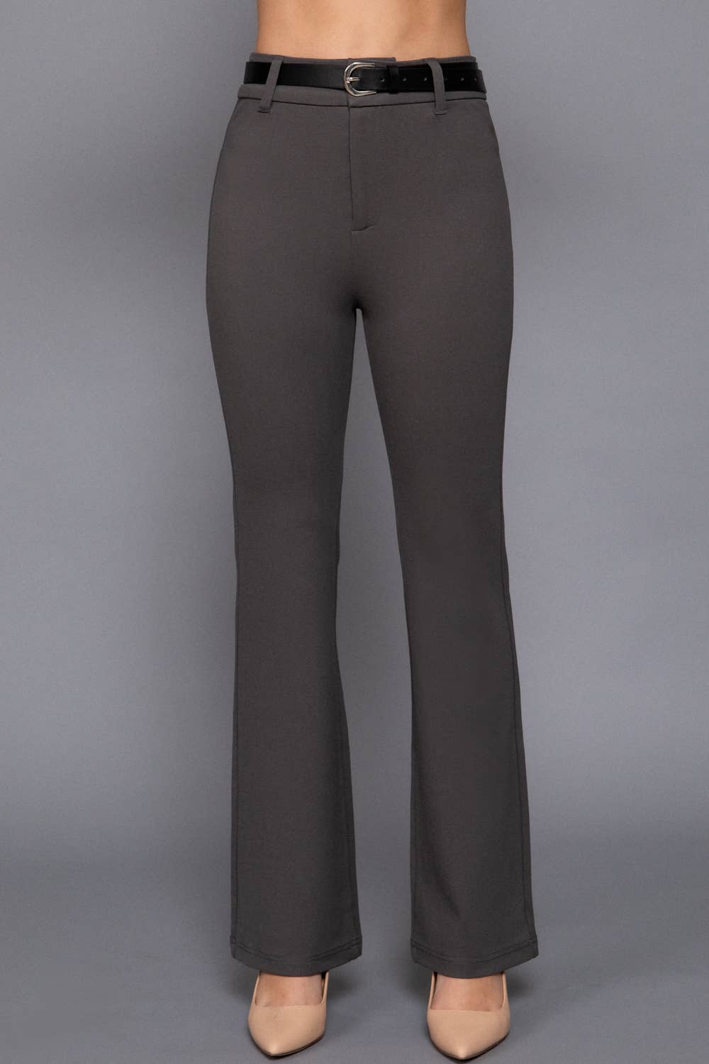 Semi Flare Ponte Pants with Leather Belt: BLK-black / L