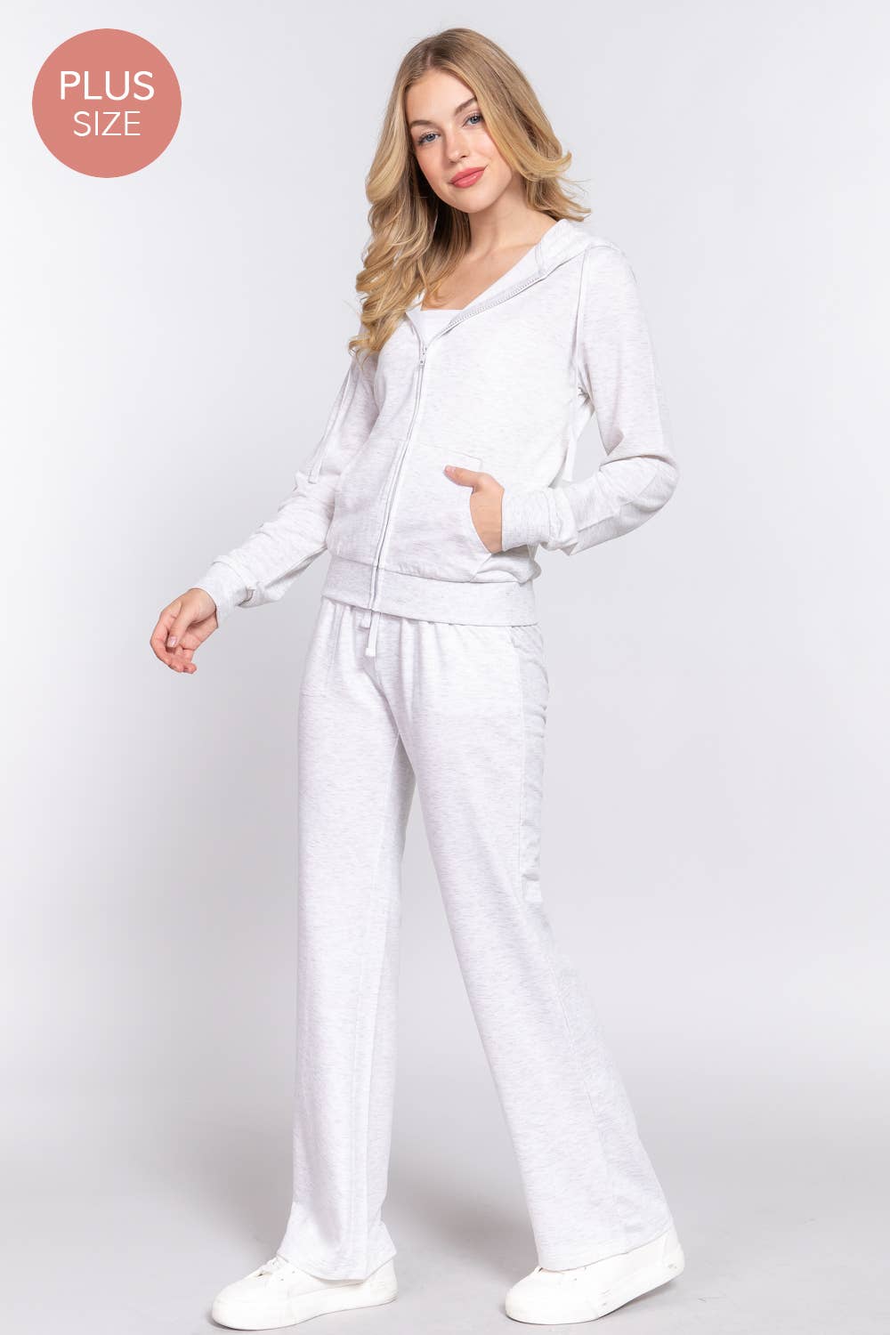 [PLUS SIZE] Long Slv Hoodie Jacket & Pants Sweatsuit Set  : IVY-cream