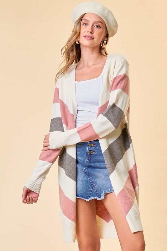 CHEVRON SWEATER CARDIGAN - 10492J: BLUSH/CREAM