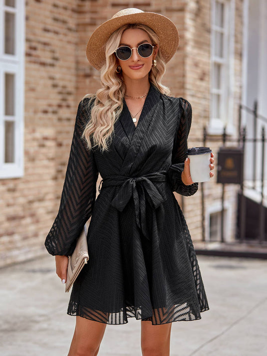 Sheer Chevron Belted Faux Wrap Dress: Black