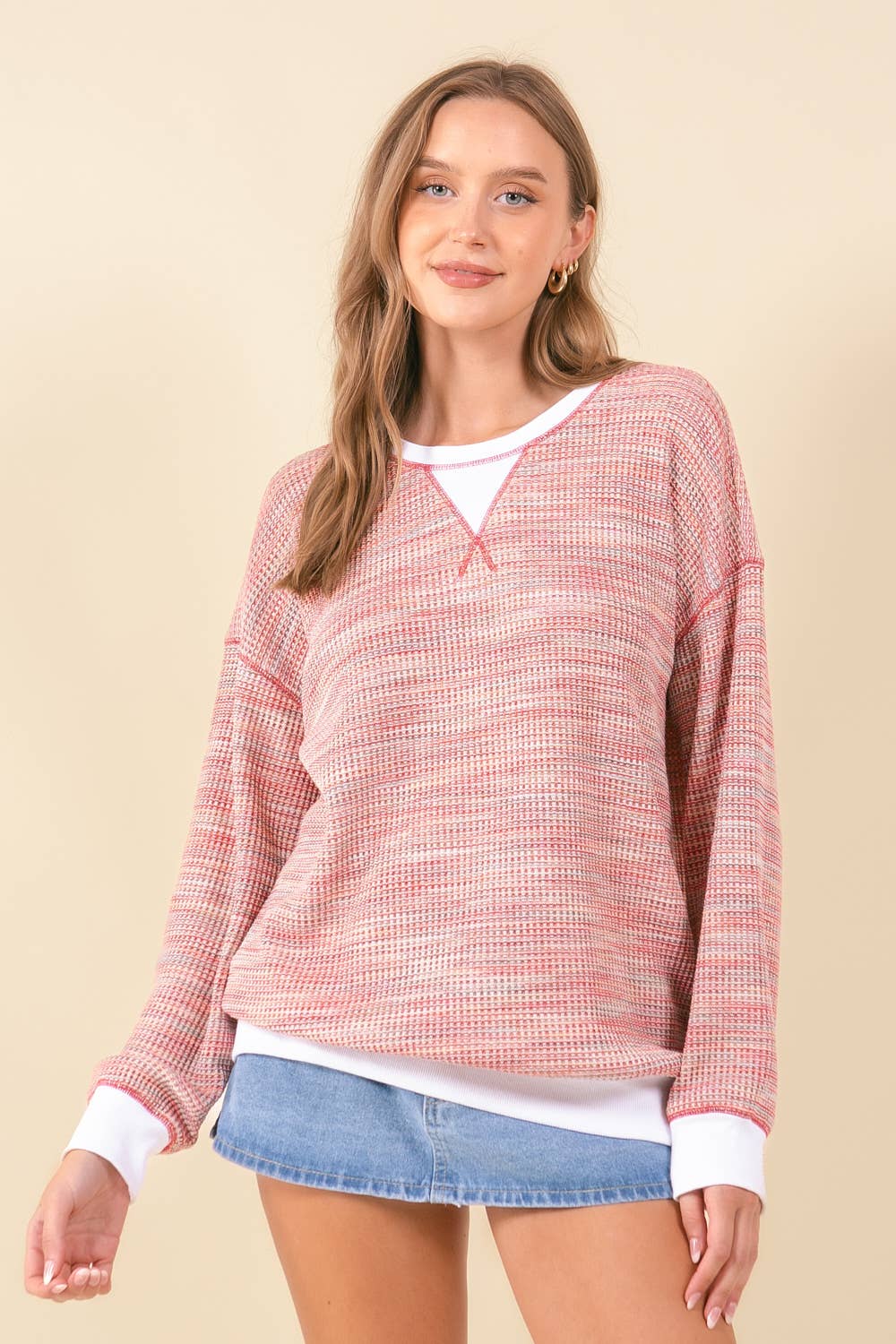 MULTI-COLORED WAFFLE KNIT DROP SHOULDER LONG SLEEVE - 44601T: RED MIX