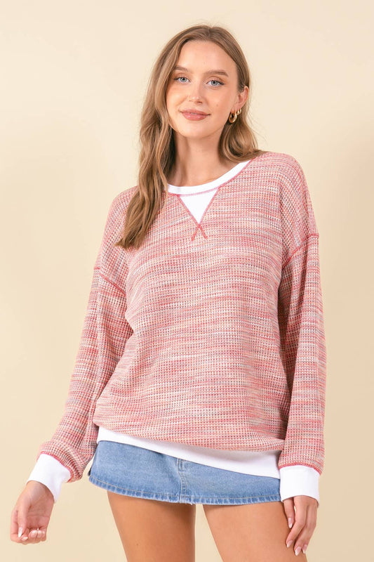 MULTI-COLORED WAFFLE KNIT DROP SHOULDER LONG SLEEVE - 44601T: RED MIX