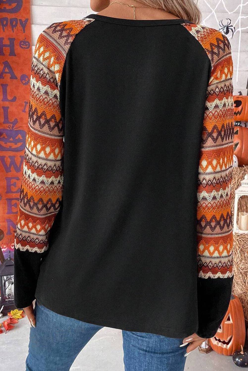 Orange Geo Print Raglan Patchwork Long Sleeve Tee: Orange / 65%Polyester+30%Viscose+5%Elastane / L