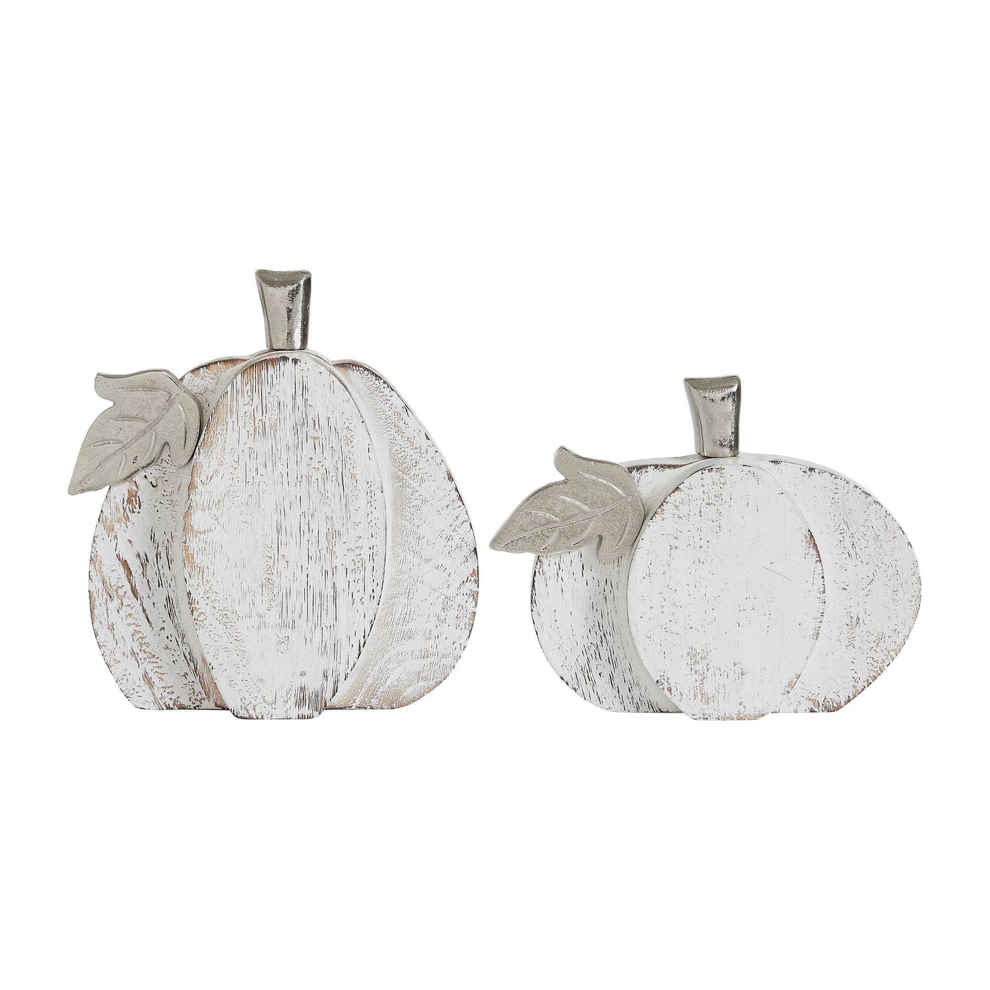 Farmhouse White Wash Wooden Pumpkin Set (2-Piece, 7 & 9 inches) - Rustic Autumn Fall Harvest Home Decor