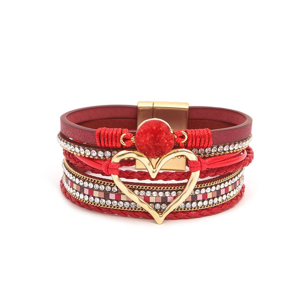 Bohemian Heart Rhinestone Magnetic Buckle Bracelet: White / Alloy / ONE SIZE