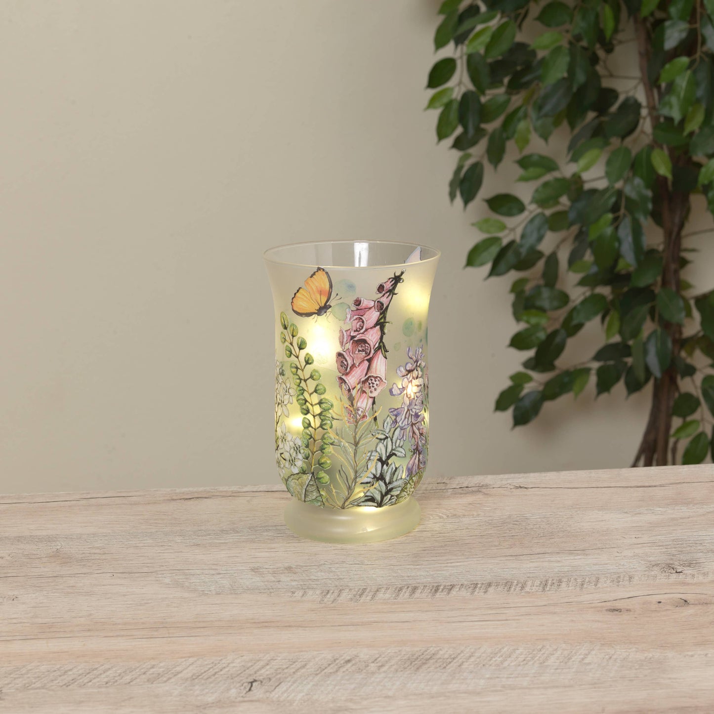 8"H B/O Lighted Frosted Glass Flower & Butterfly Hurricane Luminary