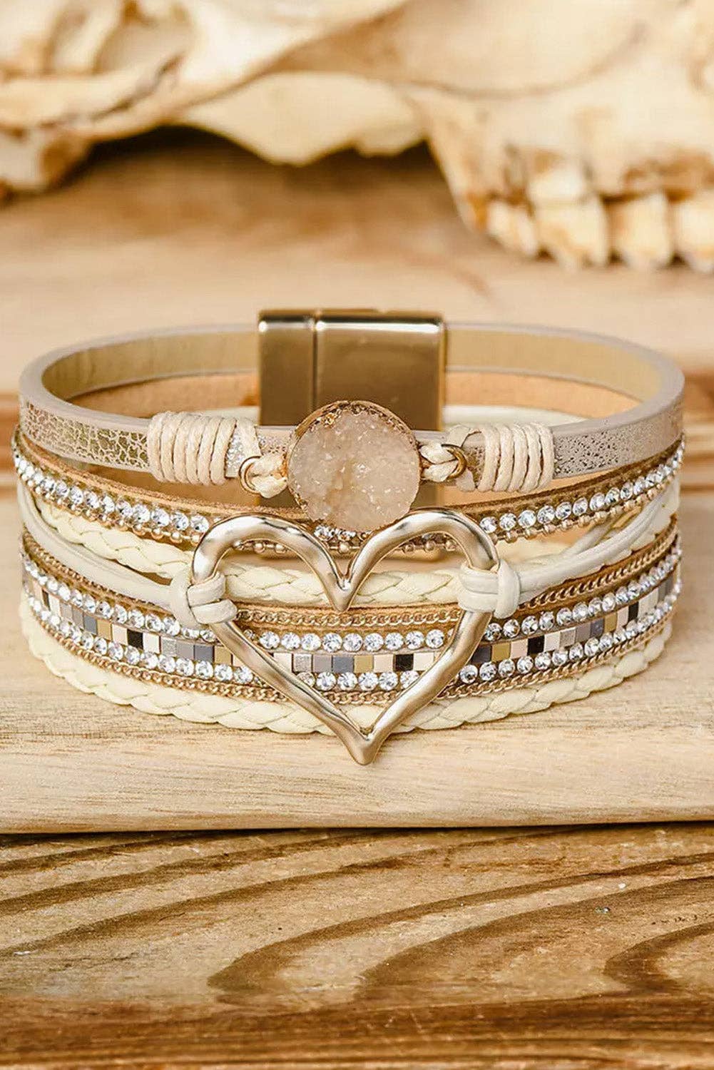 Bohemian Heart Rhinestone Magnetic Buckle Bracelet: White / Alloy / ONE SIZE