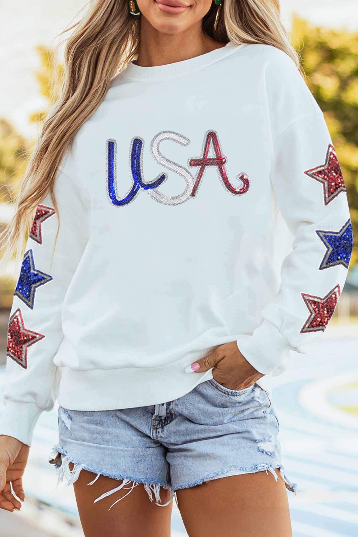 Star Patched 4th of July Relaxed Sweatshirt: White