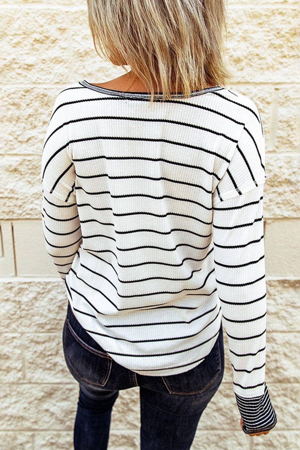 Striped Color Block Buttoned Waffle Knit Shirt: White