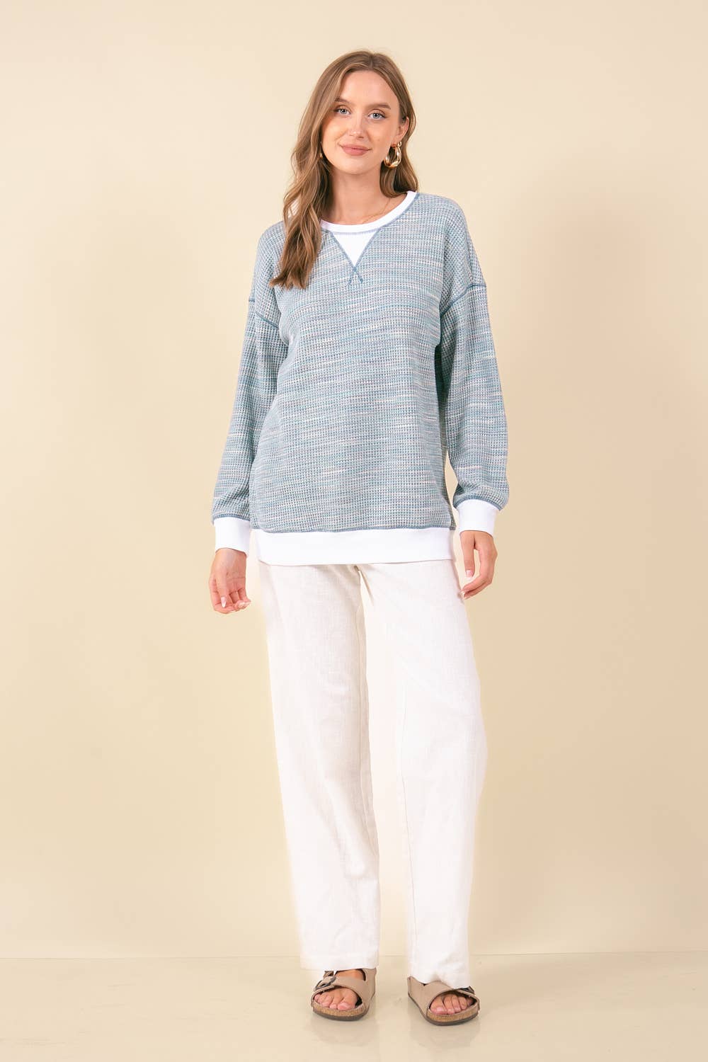 MULTI-COLORED WAFFLE KNIT DROP SHOULDER LONG SLEEVE - 44601T: TEAL MIX