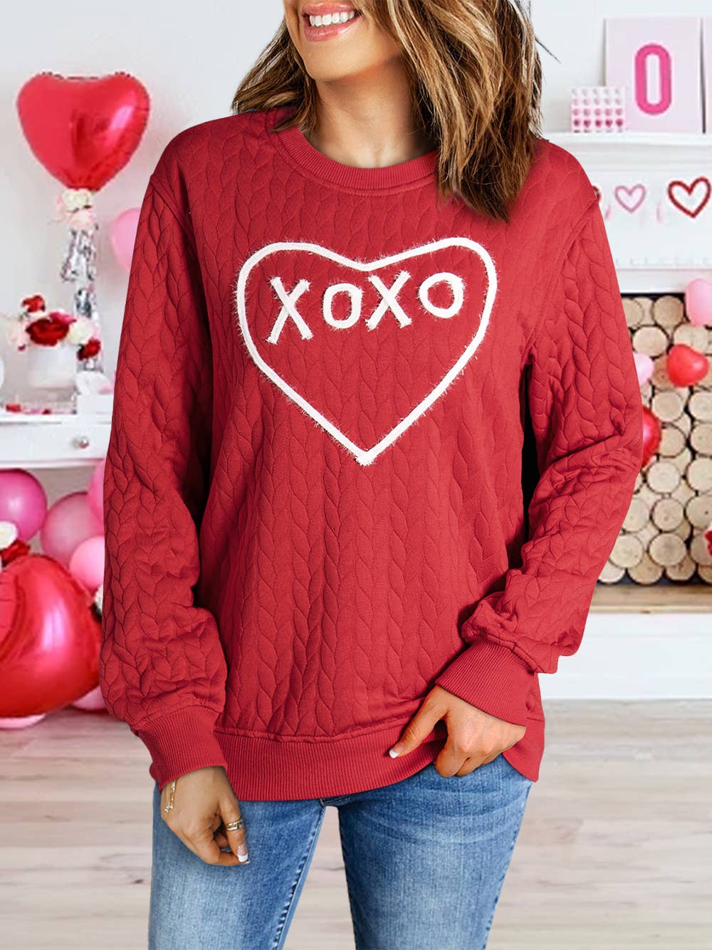 Heart XOXO Chenille Embroidered Textured Sweatshirt: White