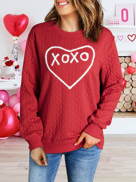 Heart XOXO Chenille Embroidered Textured Sweatshirt: White