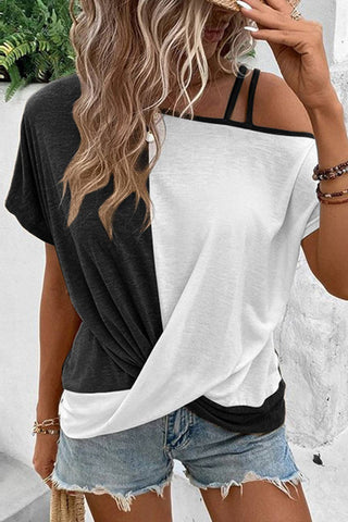 Colorblock Asymmetrical Cold Shoulder Top: Black