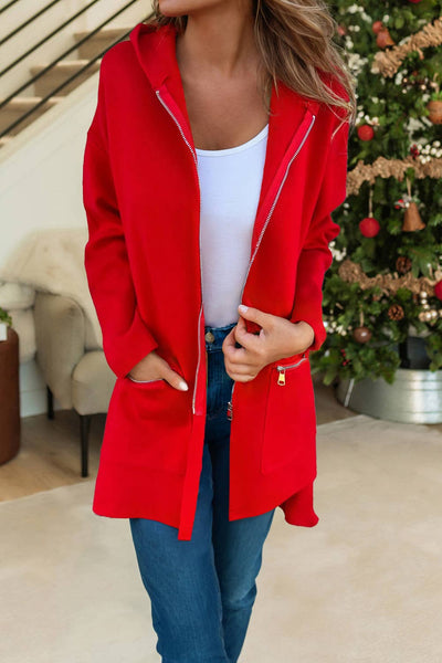 LDC Solid Color Casual Zip up Hooded Coat: Red