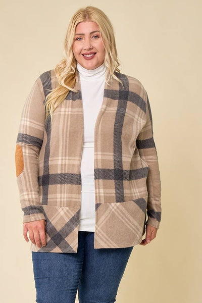 LMT2629PL-PLUS SIZE Hot Chocolate and Bon fired Plaid Cardi: TAUPE