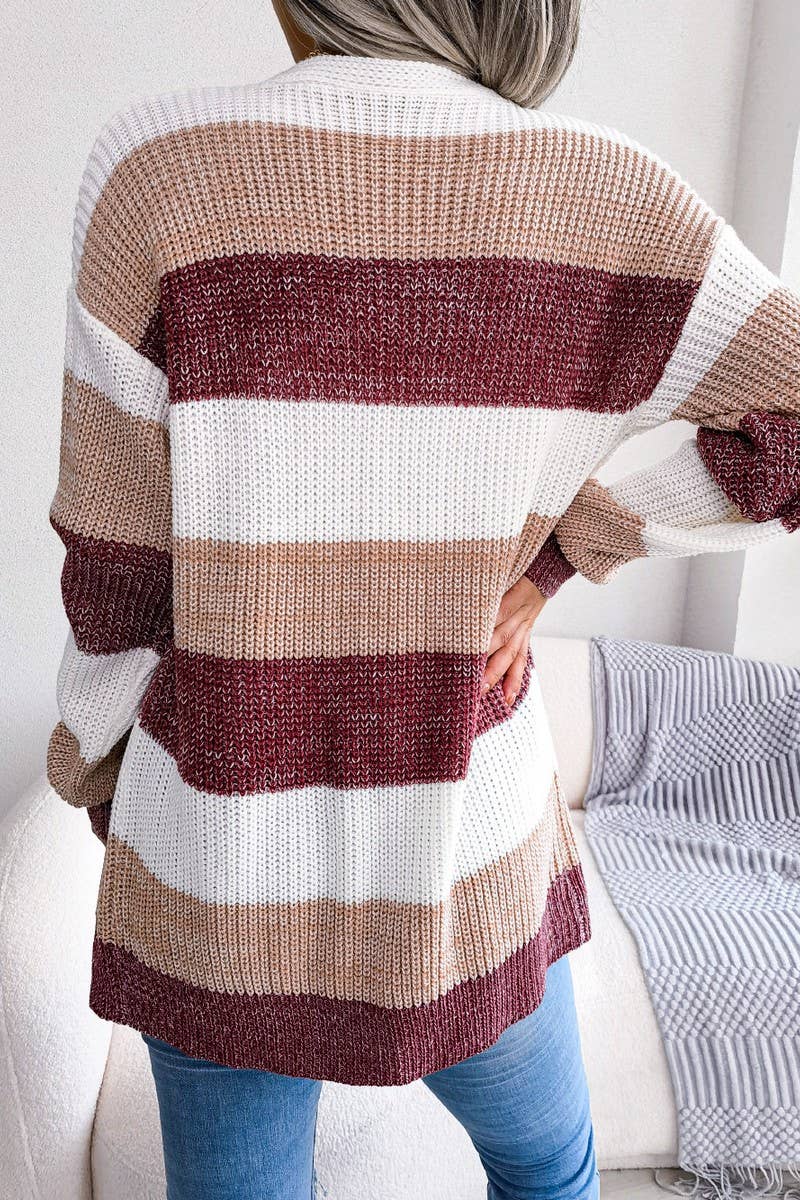 WOMEN COLOR BLOCK OPEN FRONT KNIT CARDIGAN: WINE