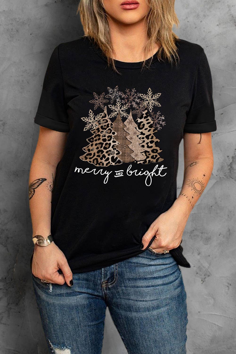 LDC Leopard Christmas Tree Graphic Crew Neck T Shirt: Black