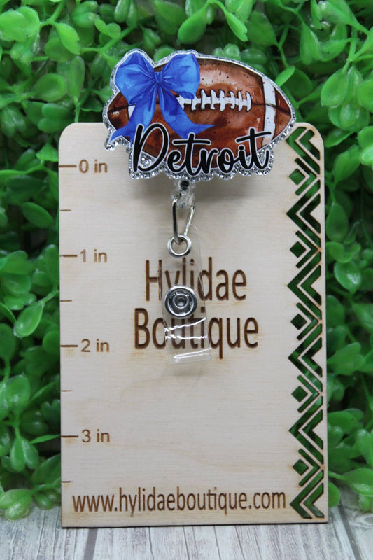 Detroit Football Blue Bow Badge/ID Holder Reel