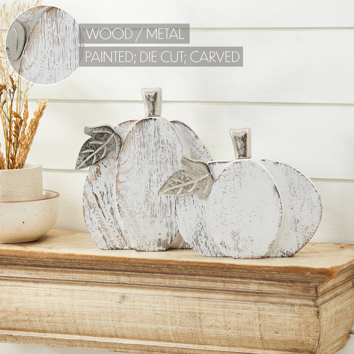 Farmhouse White Wash Wooden Pumpkin Set (2-Piece, 7 & 9 inches) - Rustic Autumn Fall Harvest Home Decor