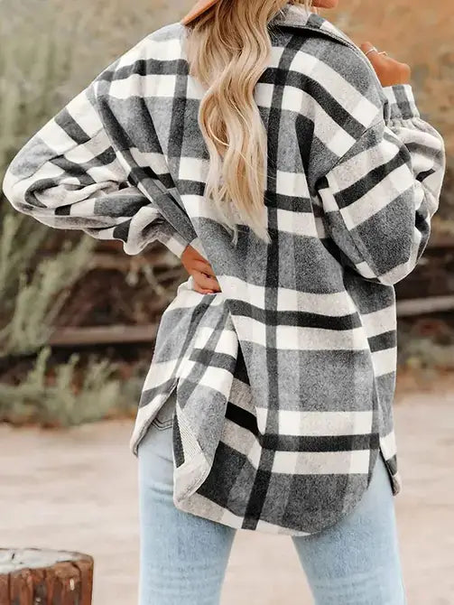 Black and White Plaid Button Flannel Shirt Jacket