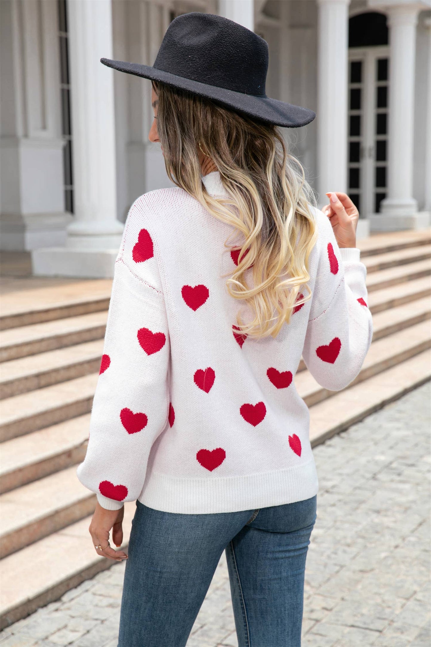 Heart Print Knit Sweater SZ53-SW9208: White