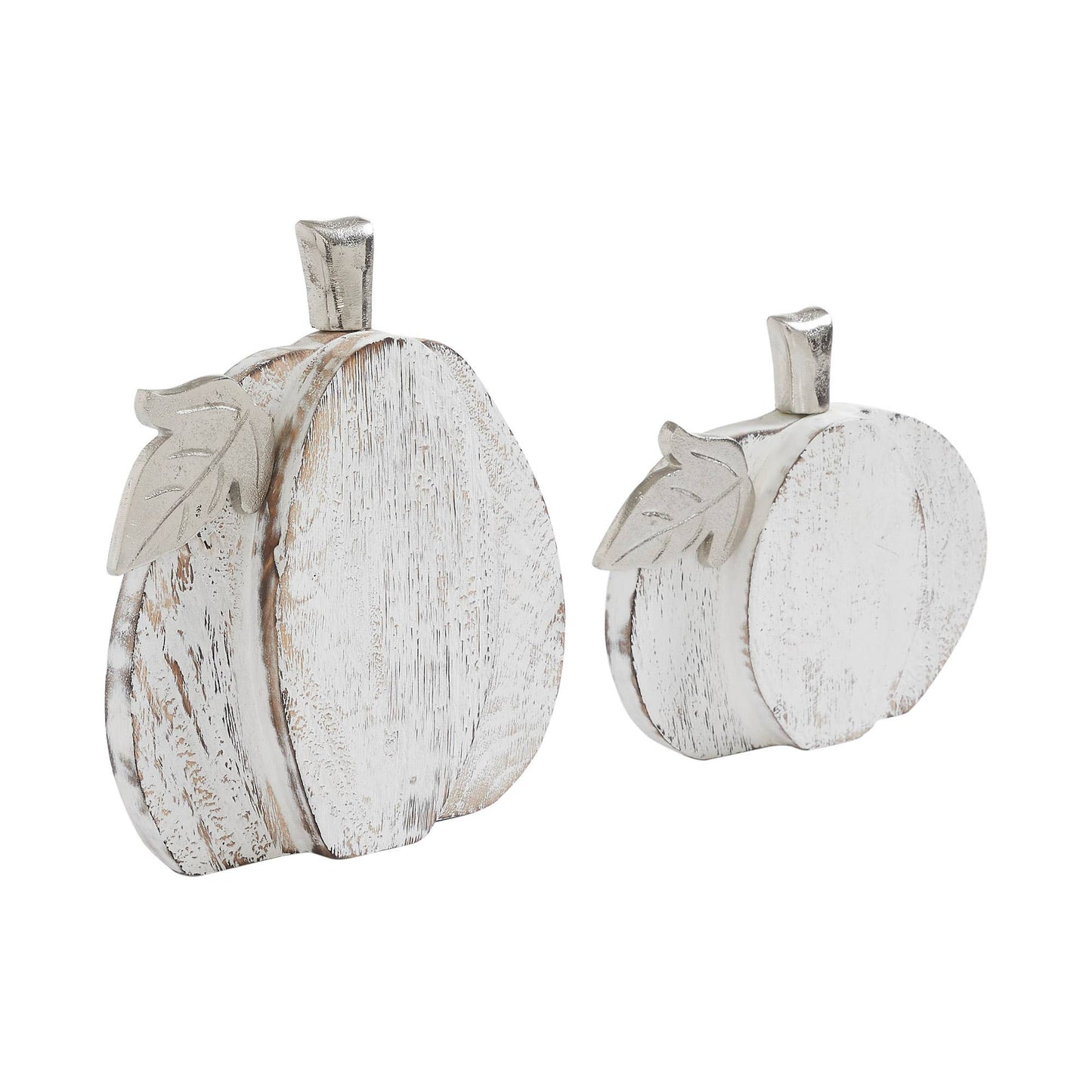 Farmhouse White Wash Wooden Pumpkin Set (2-Piece, 7 & 9 inches) - Rustic Autumn Fall Harvest Home Decor