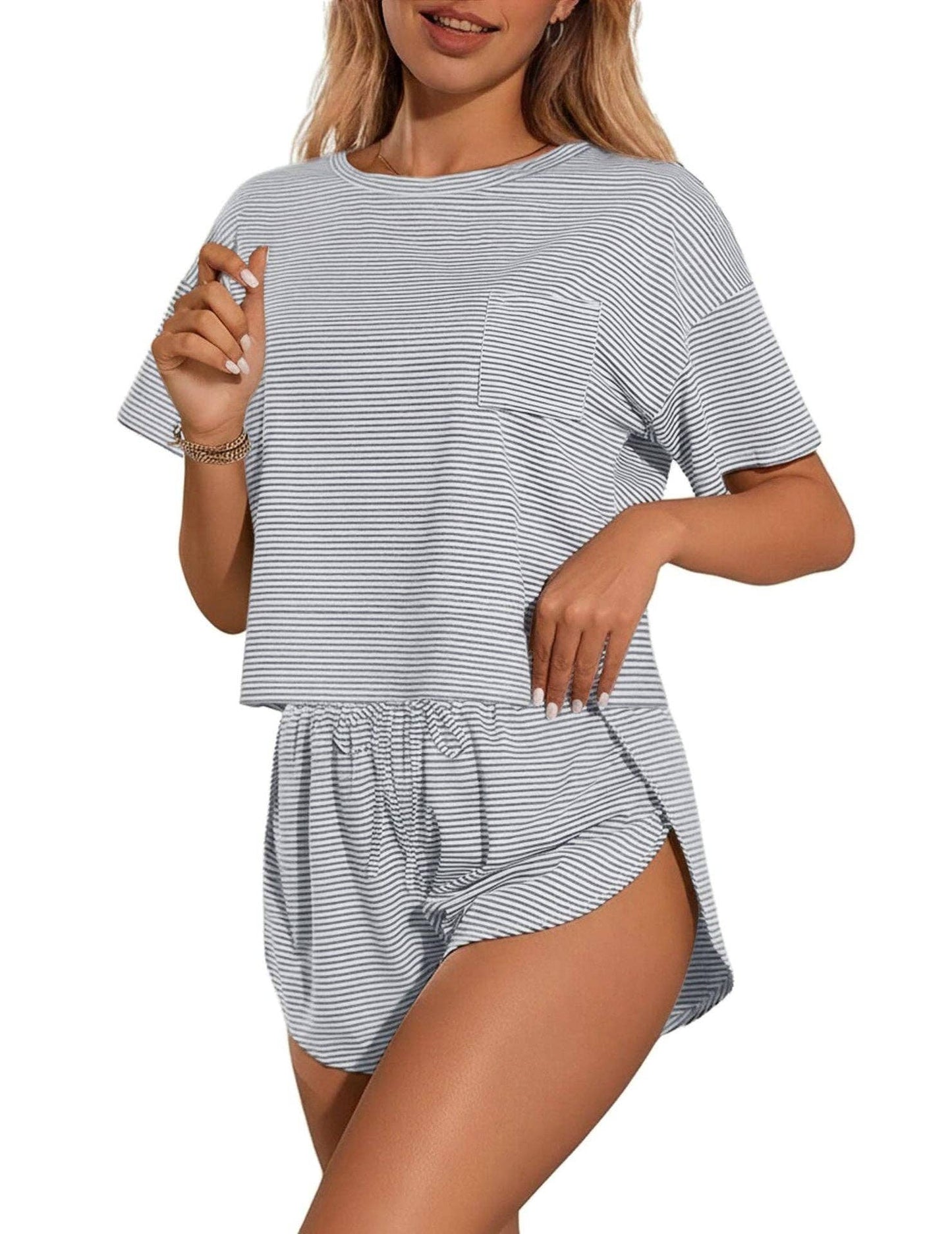 Pink Stripe Lounge Pajama Set Tee Top Drawstring Shorts: Light Gray