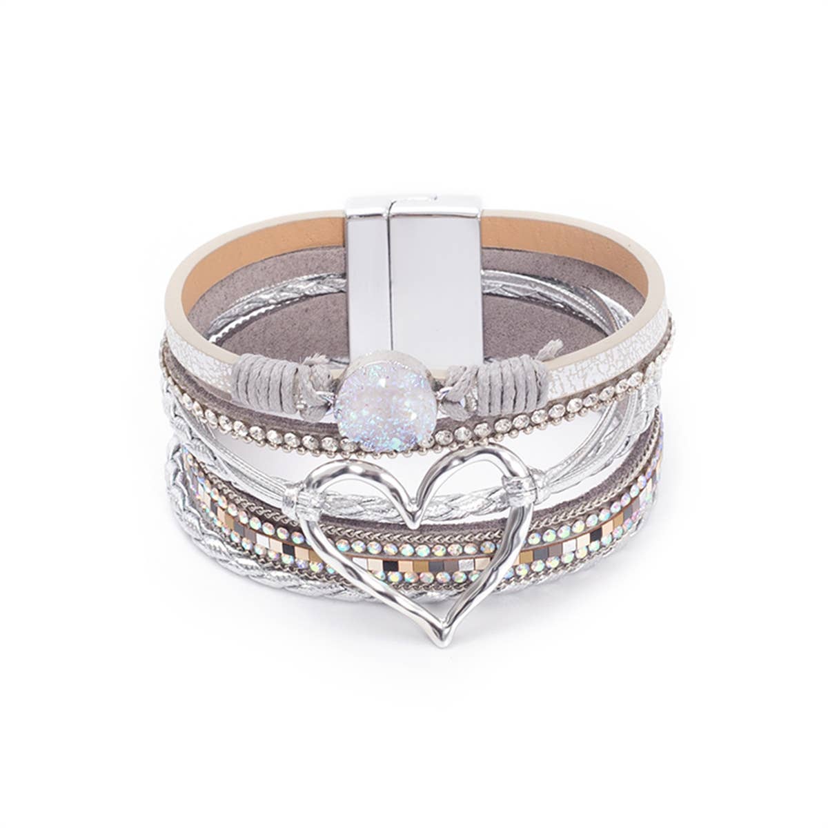 Bohemian Heart Rhinestone Magnetic Buckle Bracelet: White / Alloy / ONE SIZE