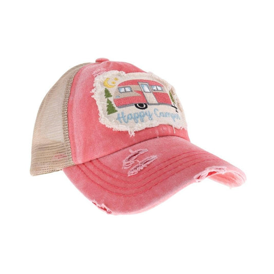 Embroidered Happy Camper Patch C.C High Pony Criss Cross Bal: Coral