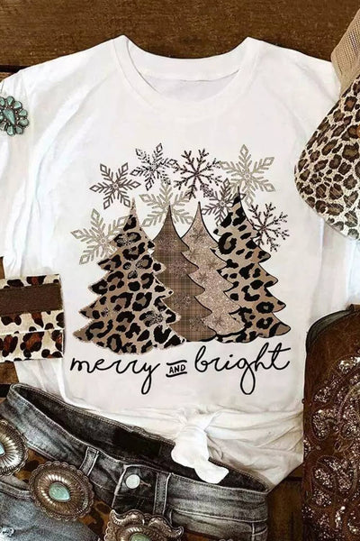 LDC Leopard Christmas Tree Graphic Crew Neck T Shirt: White