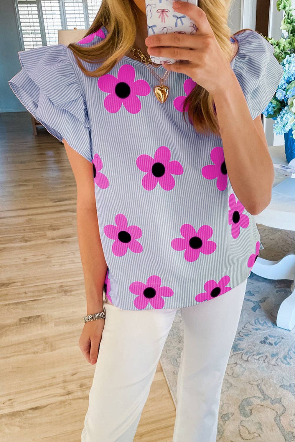 Pinstripe Floral Flutter Sleeve Blouse: Sky Blue