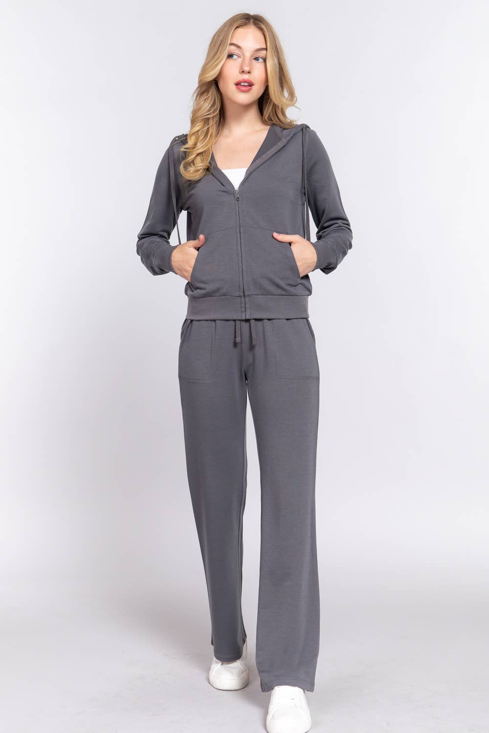 Long Sleeve Hoodie Jacket & Pants Sweatsuit Set  : charcoal