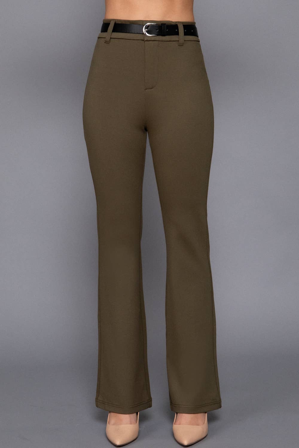 Semi Flare Ponte Pants with Leather Belt: BLK-black / L