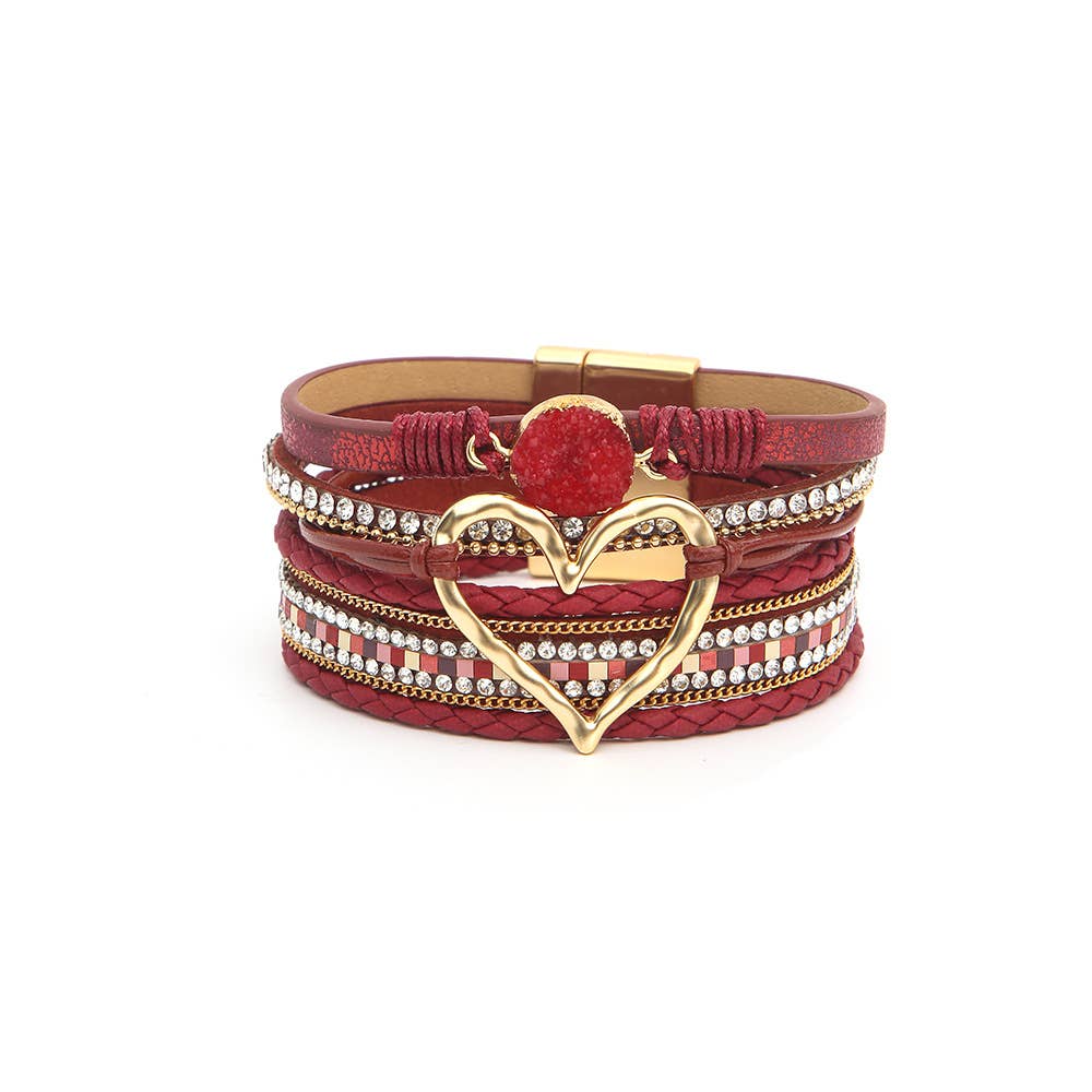 Bohemian Heart Rhinestone Magnetic Buckle Bracelet: White / Alloy / ONE SIZE