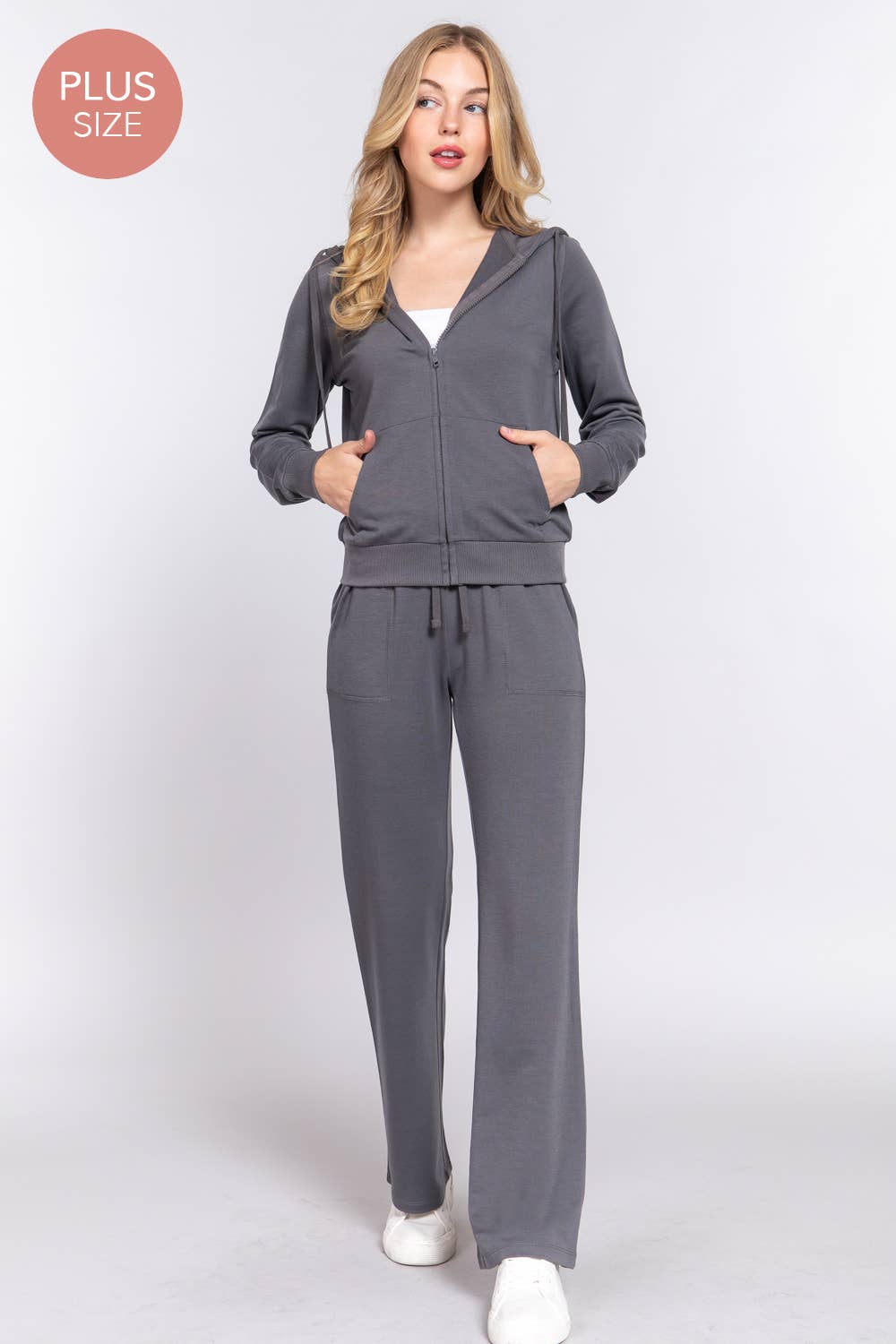 [PLUS SIZE] Long Slv Hoodie Jacket & Pants Sweatsuit Set  : IVY-cream