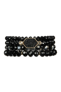 DRUZY STONE HEXAGON GLASS BEADS BRACELET: BLACK