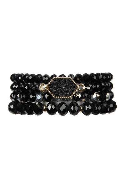 DRUZY STONE HEXAGON GLASS BEADS BRACELET: BLACK