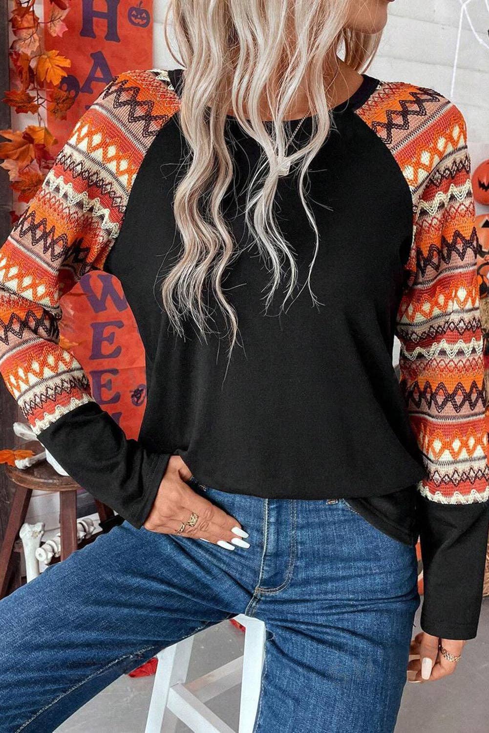 Orange Geo Print Raglan Patchwork Long Sleeve Tee: Orange / 65%Polyester+30%Viscose+5%Elastane / L