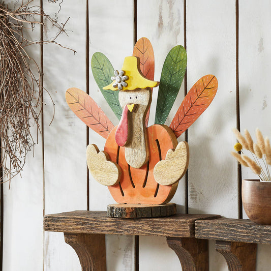 Whimsical Rustic Wooden Turkey Figurine - Fall Thanksgiving Tabletop Home Decor