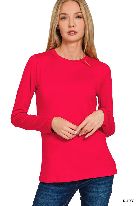 Brushed Microfiber Long Sleeve Round Neck Tee: RUBY