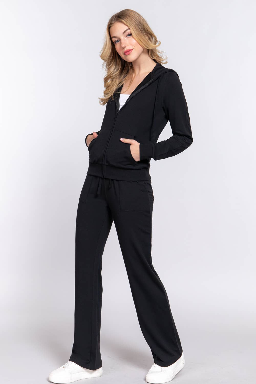 Long Sleeve Hoodie Jacket & Pants Sweatsuit Set: black